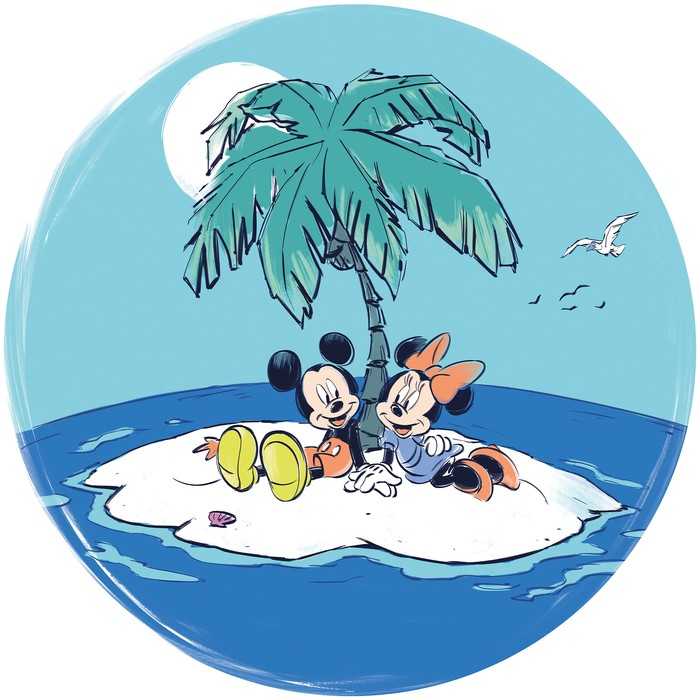 Non-woven adhesive round mural Mickey and Minnie Remote Island