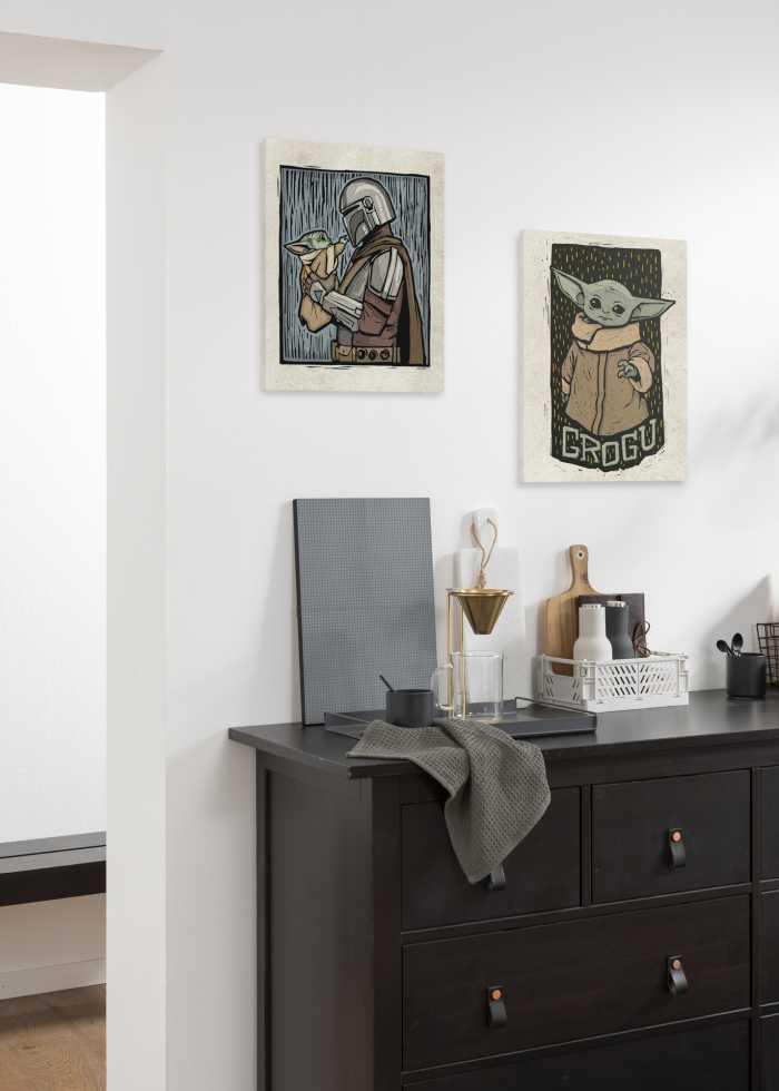 Vlies Bild auf Keilrahmen/ Echtholzrahmen Star Wars The Mandalorian Grogu Lino-Cut