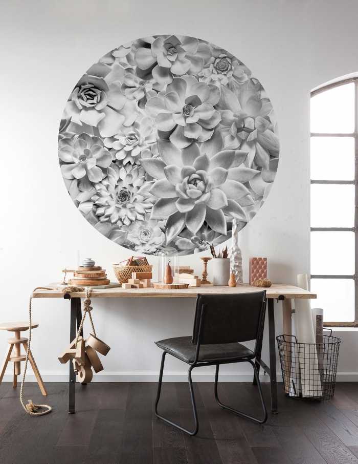 Non-woven adhesive round mural Echeveria
