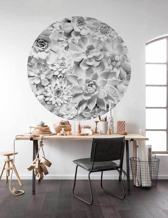Non-woven adhesive round mural Echeveria