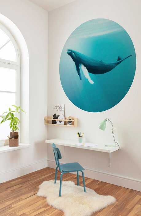 Non-woven adhesive round mural Whale Watching