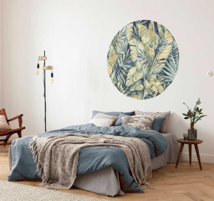 Non-woven adhesive round mural Feuilles Tropicales