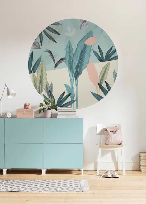 Non-woven adhesive round mural Pale Leaves
