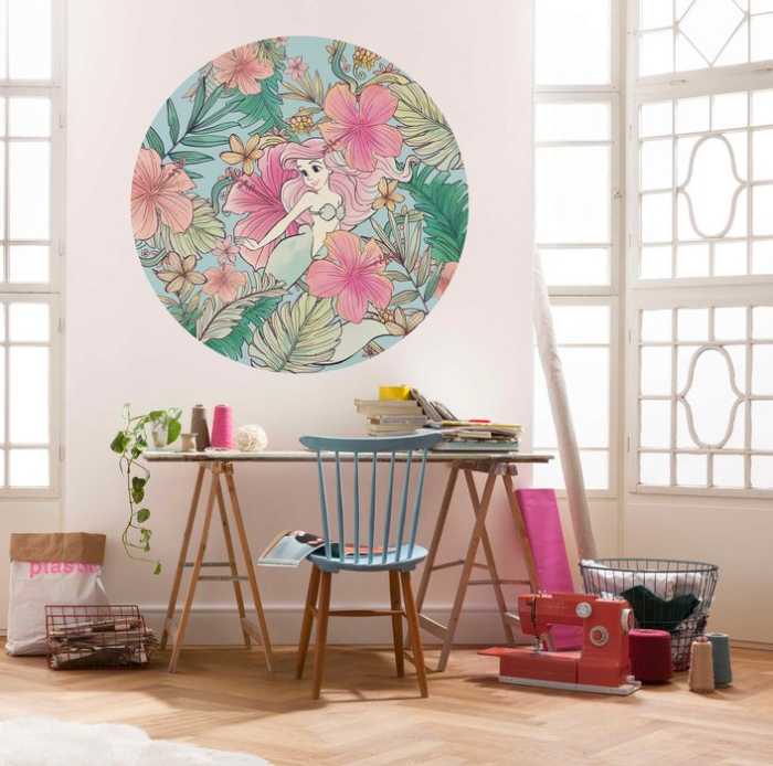 Non-woven adhesive round mural Ariel Ocean Flowers